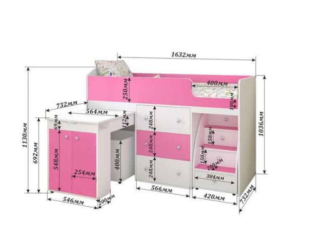 Кровать-чердак Малыш 1800 Венге/Розовый